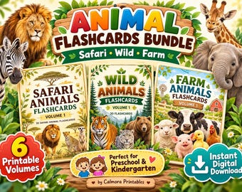 May include: A digital bundle of animal flashcards featuring three sets titled Safari Animals, Wild Animals, and Farm Animals. The graphics include illustrations of a lion, zebra, giraffe, elephant, tiger, bear, and farm animals with text labels.