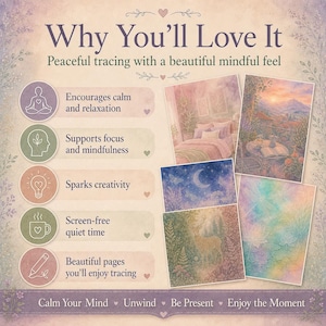 May include: An informational graphic titled Why You'll Love It, listing benefits like calm, focus, creativity, and screen-free time. It features five circular icons and four rectangular illustrations showing a bedroom, sunset, moon, and deer.