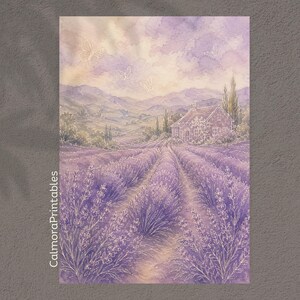 May include: A watercolor print featuring a lavender field in the foreground leading to a stone house nestled in rolling hills under a soft purple sky with white butterfly outlines and the text CalmoraPrintables printed vertically on the left.
