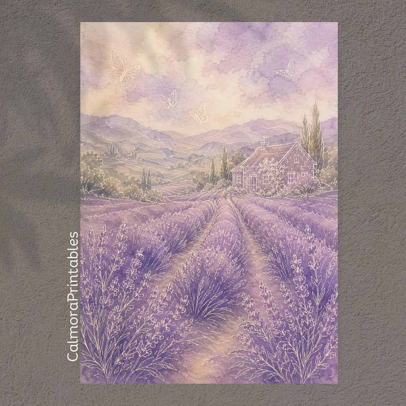 May include: A watercolor print featuring a lavender field in the foreground leading to a stone house nestled in rolling hills under a soft purple sky with white butterfly outlines and the text CalmoraPrintables printed vertically on the left.
