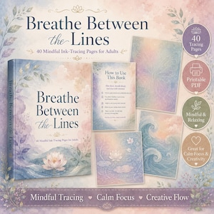 Puede incluir: Un libro titulado Breathe Between the Lines con 40 páginas de trazado de tinta para adultos, con ilustraciones en acuarela de una flor de loto, una mariposa y olas, junto a una página de instrucciones e iconos circulares informativos.