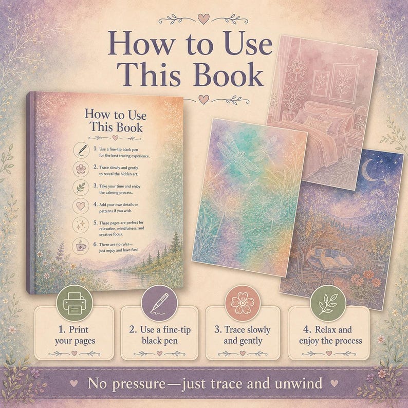 May include: A book titled How to Use This Book with pastel-colored pages featuring instructions for tracing. The cover displays a landscape with a lake and mountains. Additional pages show illustrations of a bedroom, dragonflies, and a night scene.