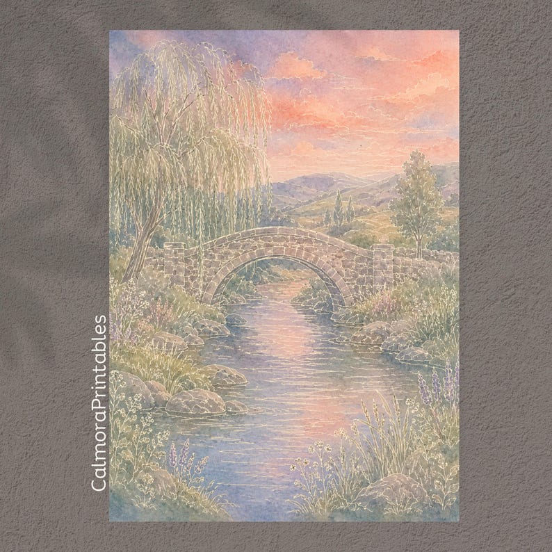 May include: A watercolor painting depicting a stone arch bridge over a calm stream, surrounded by a weeping willow and wildflowers. The sky is filled with soft pink and orange sunset clouds. The text CalmoraPrintables is printed vertically.