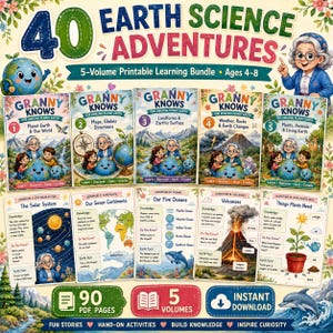 Könnte beinhalten: Ein druckbares Lernpaket mit 5 Bänden unter dem Titel 40 Earth Science Adventures mit Granny Knows Branding. Das Set enthält fünf illustrierte Bücher über die Erde, Karten, Landformen, Wetter und Biologie sowie pädagogische Arbeitsblätter.