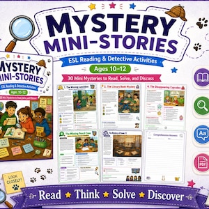 May include: A Mystery Mini-Stories educational book set for ages 10-12, featuring ESL reading and detective activities. The cover displays four children solving mysteries with magnifying glasses, alongside sample activity pages, icons for reading, clues, vocabulary, and PDF files.