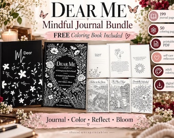 May include: A Dear Me Mindful Journal bundle featuring a black journal with white floral patterns, a coloring book, and several printed pages with line art illustrations, text, and floral motifs. The set includes 199 journal pages and 50 coloring pages.