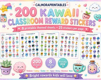 May include: A digital collection of 200 Kawaii classroom reward stickers featuring 8 printable sheets with 25 stickers each. The colorful graphics include themes like kindness, coding, garden, art, space, library, adventure, and music.