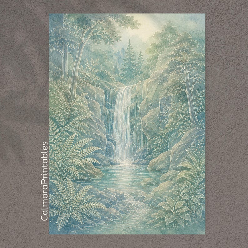 May include: A watercolor painting depicting a waterfall cascading over rocky cliffs into a pool, surrounded by lush green ferns and trees. The text CalmoraPrintables is printed vertically in white along the left side of the artwork.