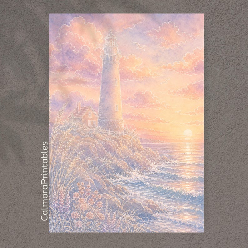 May include: A vertical art print featuring a lighthouse on a rocky cliffside at sunset. The scene includes soft pink and orange clouds, a calm ocean with gentle waves, and tall grasses in the foreground. The text CalmoraPrintables is visible.