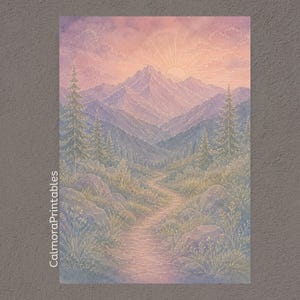 May include: A vertical art print featuring a mountain landscape at sunrise with a winding path in the foreground, pine trees, and rocky terrain. The scene is rendered in soft pastel shades of pink, purple, and blue, with the text CalmoraPrintables.