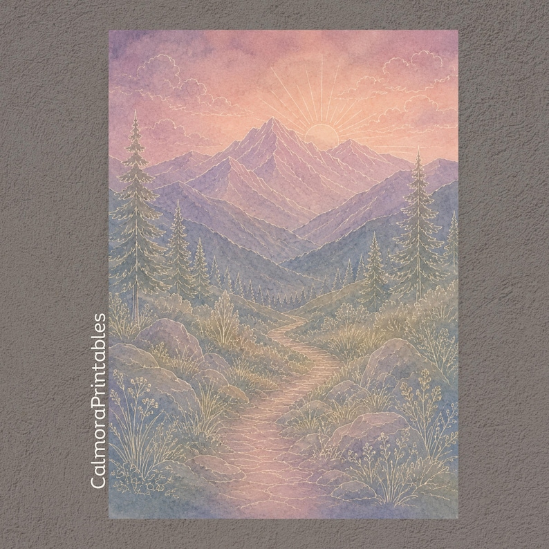 May include: A vertical art print featuring a mountain landscape at sunrise with a winding path in the foreground, pine trees, and rocky terrain. The scene is rendered in soft pastel shades of pink, purple, and blue, with the text CalmoraPrintables.