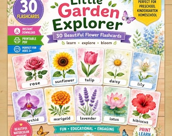 30 Watercolor Flower Flashcards, Preschool Nature Learning (Printable PDF)