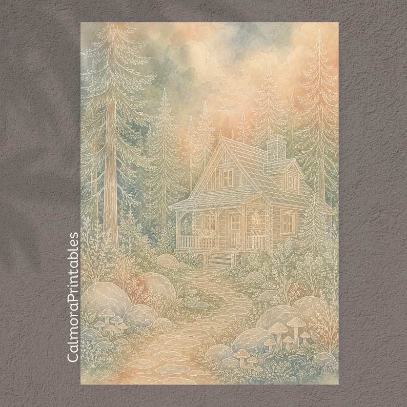 May include: A watercolor illustration featuring a cabin nestled in a forest of tall pine trees. A stone path leads to the front porch, surrounded by large rocks and small mushrooms. The scene is rendered in soft, muted tones of peach, blue, and green.