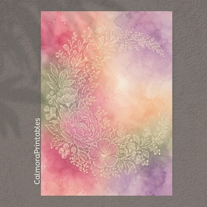 May include: A rectangular print featuring a watercolor background in blended shades of pink, purple, orange, and green. A white line art illustration of a crescent moon shape composed of various flowers, leaves, and berries is centered. Text reads CalmoraPrintables.