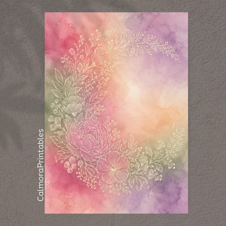 May include: A rectangular print featuring a watercolor background in blended shades of pink, purple, orange, and green. A white line art illustration of a crescent moon shape composed of various flowers, leaves, and berries is centered. Text reads CalmoraPrintables.