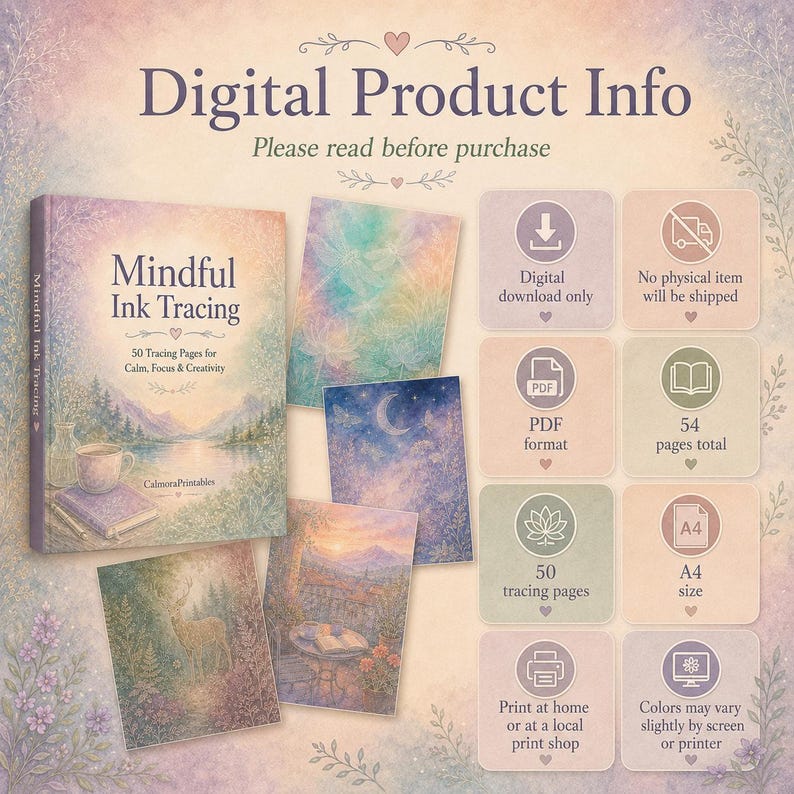 May include: A digital product information sheet for Mindful Ink Tracing, featuring a book cover with a landscape illustration, four sample pages with nature scenes, and a grid of eight icons detailing PDF format, 54 pages, and A4 size.
