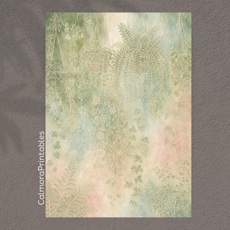 May include: A digital art print featuring a watercolor background in soft shades of green, blue, and pink. The design displays white line art of various hanging plants, ferns, and trailing vines. The text CalmoraPrintables is visible on the left.