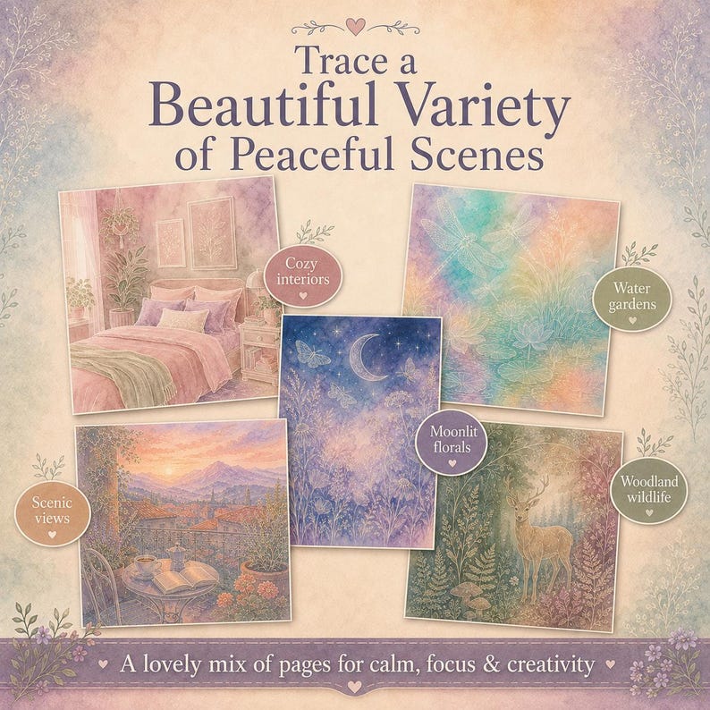 May include: A collection of art prints featuring the text Trace a Beautiful Variety of Peaceful Scenes and A lovely mix of pages for calm, focus & creativity. The images depict cozy interiors, water gardens, moonlit florals, scenic views, and woodland wildlife.