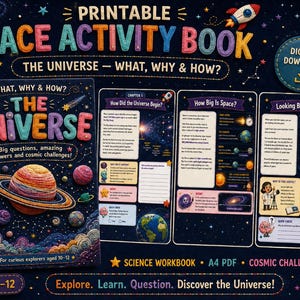 May include: A printable space activity book titled The Universe: What, Why & How? featuring a dark blue cover with colourful embroidered-style planets, stars, and a rocket. Includes three interior pages with educational text, diagrams, and cosmic challenges.