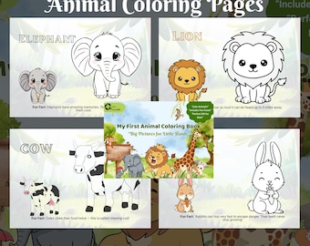 May include: A collection of animal coloring pages featuring line art illustrations of an elephant, lion, cow, and rabbit. Each page includes the animal name in bold text, a small colored reference image, and a fun fact printed at the bottom.