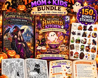 May include: A Halloween digital bundle featuring two coloring books, a sticker sheet, and recipe pages. Titles include Gothic Halloween Coloring Book and The Little Haunted Kitchen. The set displays illustrations of witches, ghosts, cats, and pumpkins with text detailing 150 bonus stickers and instant digital download.