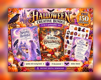 May include: A Halloween creative bundle featuring a 3-in-1 printable set with a Spooky but Beautiful ink tracing book, a 31 Days of Halloween journal, and sticker sheets. The set includes 150 free stickers and is available as an instant digital download.