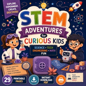 STEM Activities Workbook for Kids Ages 6-10, Printable Science Worksheets, Engineering Challenges, Coding Activities, Instant Download PDF