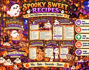 May include: A Halloween recipe and activity book titled The Little Haunted Kitchen, featuring illustrations of ghosts and black cats. The pages display recipes for Ghostly Vanilla Cupcakes, Witch Finger Shortbread, Jack-O-Lantern Jam Biscuits, Boo-Nana Ghost Pops, and Witch's Cozy Hot Chocolate with text.