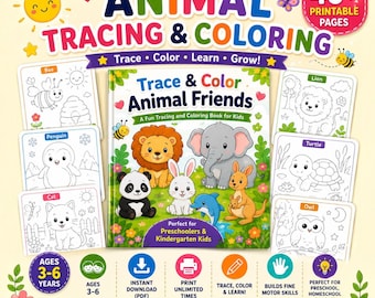 May include: A digital activity book titled Animal Tracing & Coloring featuring 40+ printable pages for children. The cover displays a lion, elephant, panda, rabbit, dolphin, and kangaroo. Includes icons for instant download, printing, and skill building.