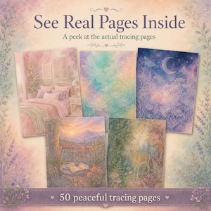 May include: A collection of 50 peaceful tracing pages featuring watercolor-style illustrations. The images include a bedroom interior, dragonflies, a moonlit night, a sunset balcony view, and a deer in a forest. Text reads: See Real Pages Inside.