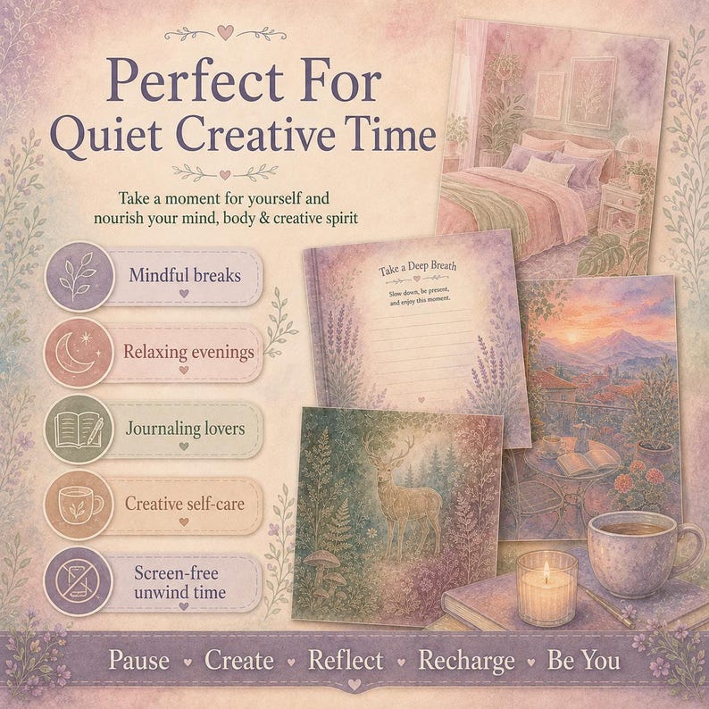May include: A promotional graphic featuring soft pastel watercolor illustrations of a bedroom, a mountain sunset, and a deer in a forest. Text includes 'Perfect For Quiet Creative Time', 'Mindful breaks', 'Relaxing evenings', 'Journaling lovers', 'Creative self-care', 'Screen-free unwind time', and 'Pause, Create, Reflect, Recharge, Be You'.