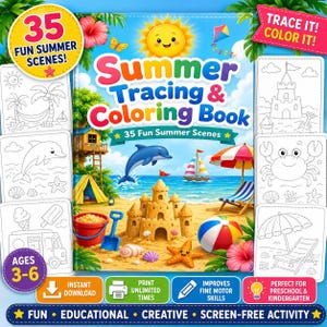 Könnte beinhalten: Ein Sommer-Mal- und Nachzeichenbuch mit 35 sommerlichen Szenen. Das Cover zeigt einen Strand mit einer Sandburg, einem blauen Delfin, einem Segelboot, einem Strandball und einem roten Eimer. Der Text lautet '35 Fun Summer Scenes' und 'Ages 3-6'.