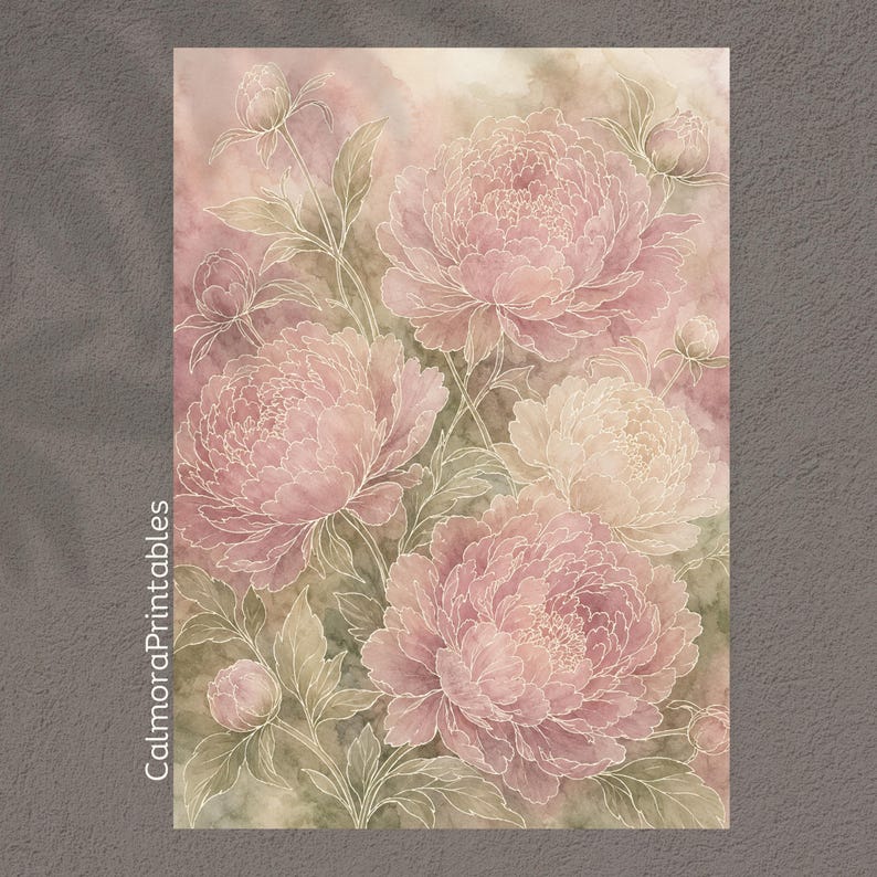 May include: A vertical art print featuring a watercolor-style illustration of blooming peonies in shades of dusty pink and muted green. The floral design includes detailed line work outlining the petals and leaves, with the text CalmoraPrintables.