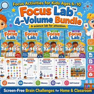 Focus Lab Brain Training Workbook Bundle | 50 Brain Games & Focus Activities for Kids Ages 6–10 | Memory, Attention And Logic Printable PDF