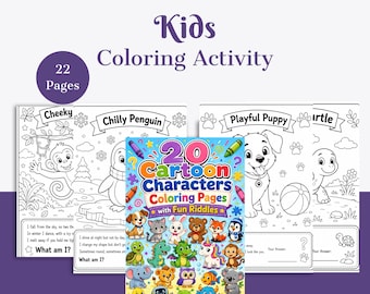 May include: A digital coloring activity book for children featuring 22 pages. The cover displays the text 20 Cartoon Characters Coloring Pages with Fun Riddles and colorful illustrations of various animals and creatures. Includes black and white pages.