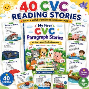 Puede incluir: Una colección de 40 historias de lectura CVC para principiantes, que presenta un libro central titulado My First CVC Paragraph Stories rodeado de tarjetas de historias individuales con ilustraciones de animales y textos cortos.