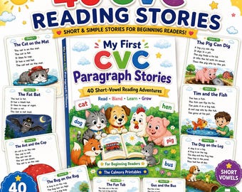 May include: A collection of 40 CVC reading stories for beginning readers, featuring a central book titled My First CVC Paragraph Stories surrounded by individual story cards with illustrations of animals and short text for educational practice.