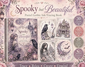 May include: A Spooky but Beautiful Pastel Gothic Ink-Tracing Book featuring illustrations of a person, ravens, castles, and crescent moons. The cover and pages display floral accents in soft purple and pink tones with 30 tracing pages included.