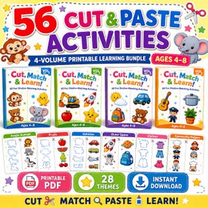 Könnte beinhalten: Ein druckbares Lernpaket in 4 Bänden mit dem Titel 56 Cut & Paste Activities für Kinder im Alter von 4-8 Jahren. Das Set enthält vier Bücher mit der Kennzeichnung Vol 1-4, farbenfrohe Illustrationen von Tieren, Fahrzeugen und Objekten sowie Arbeitsblätter.