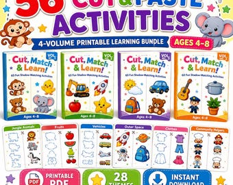 May include: A 4-volume printable learning bundle titled 56 Cut & Paste Activities for ages 4-8. The set includes four books labeled Vol 1-4, featuring colorful illustrations of animals, vehicles, and objects, alongside activity sheets for cutting and matching.