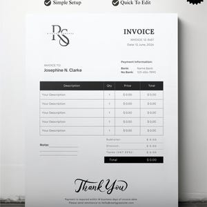 May include: A modern invoice template with a clean design. The document includes fields for invoice details, payment information, and a thank you message. Features include a simple setup and is printable as a PDF.