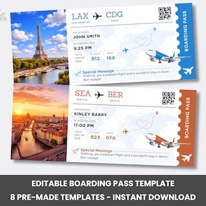 May include: Two boarding pass templates with images of the Eiffel Tower and a sunset over a city. The passes include flight details, passenger names, and a special message. Text at the bottom reads: "EDITABLE BOARDING PASS TEMPLATE" and "8 PRE-MADE TEMPLATES - INSTANT DOWNLOAD."