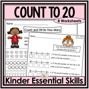 May include: A pink-framed worksheet titled "COUNT TO 20" with "8 Worksheets" in a white oval. The worksheet includes counting exercises, number lines, and the text "Kinder Essential Skills."