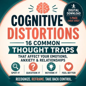 May include: Circular graphic with the text "Cognitive Distortions" and "16 Common Thought Traps." The image includes icons and phrases like "Spot It," "Question It," and "Feel Better." A digital download is also advertised.