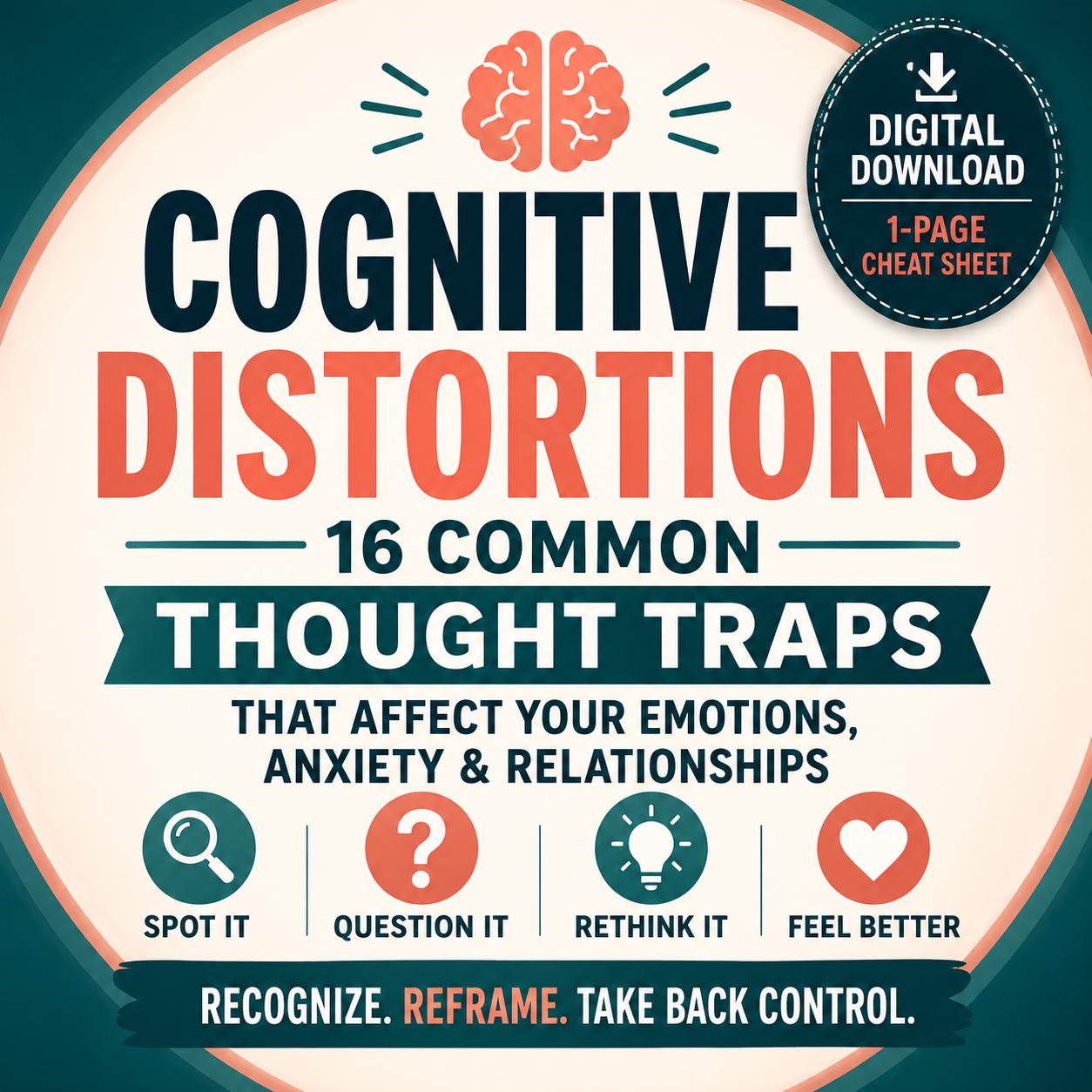Cognitive Distortions Cheat Sheet PDF | CBT Thought Traps Guide ...