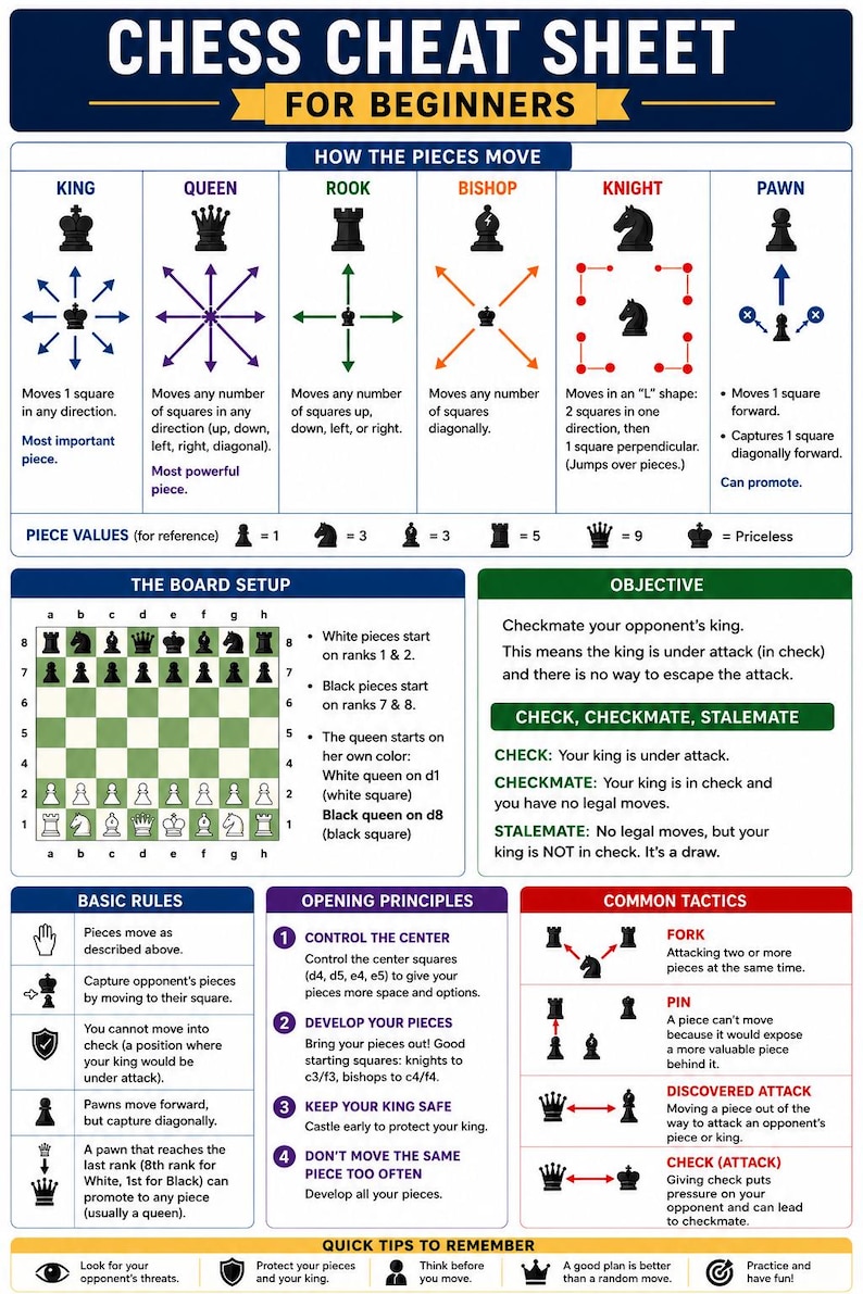 Chess Cheat Sheet for Beginners Printable | Learn Chess Fast | Chess ...