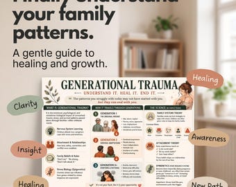 May include: An educational poster titled Generational Trauma: Understand It. Heal It. End It. The chart features sections on what generational trauma is, how it travels through generations, and the science behind it, including family systems and epigenetics.