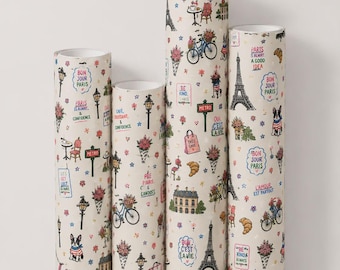 Parisian Cafe Wrapping Paper, Eiffel Tower Croissant Print, Birthday Gift Wrap (UK Seller)