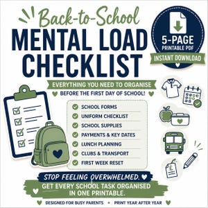 Puede incluir: Una lista de control de carga mental para el regreso a clases en formato PDF imprimible de 5 páginas, con un portapapeles, mochila e iconos. El texto incluye: School Forms, Uniform Checklist, School Supplies, Payments & Key Dates, Lunch Planning, Clubs & Transport y First Week Reset.