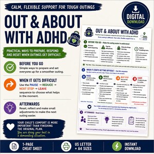 May include: A digital download cheat sheet titled Out & About With ADHD, featuring a guide for managing difficult outings. The document includes sections for before, during, and after an outing, with text instructions, icons, and a US letter size.